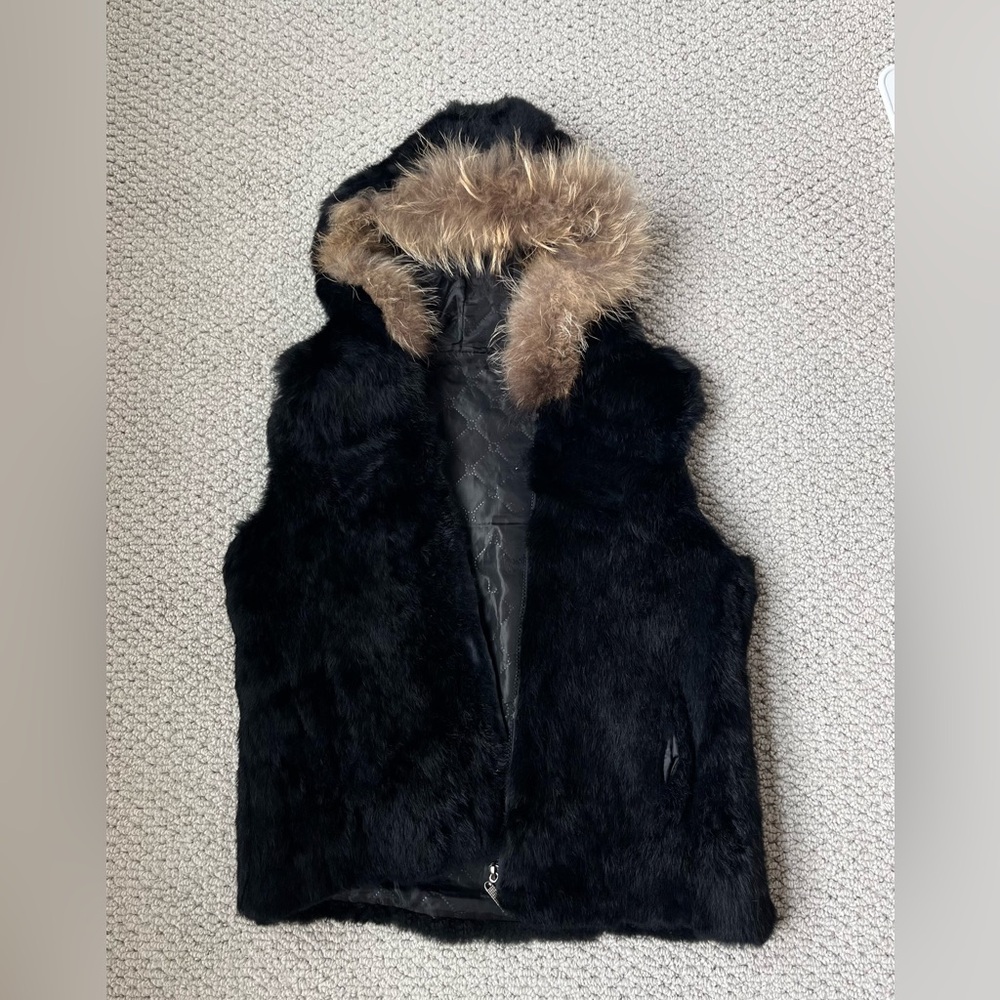 Black Faux Fur Vest with Hood